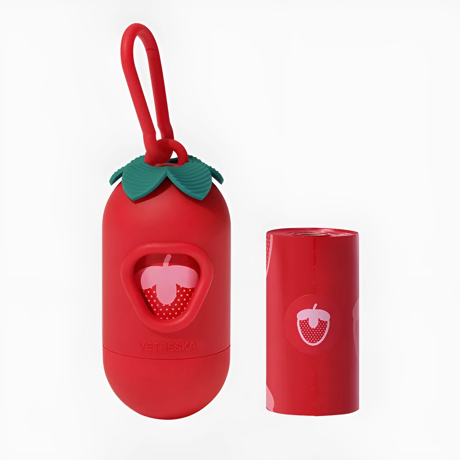 Portable dog poop bag capsule with scented inner bags in strawberry, orange, and cherry blossom styles.
