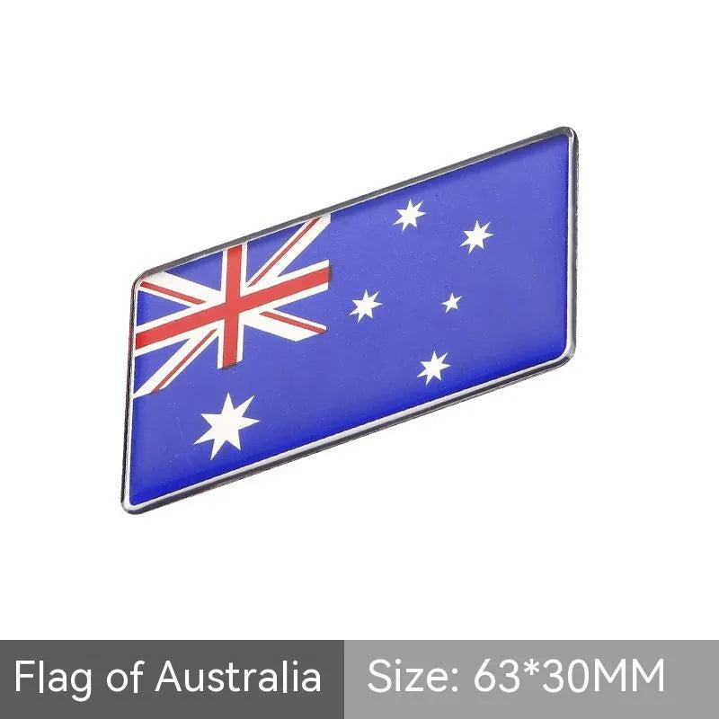 Aluminium national flag car sticker badge, parallelogram shape, 6.3 by 3 cm, for rear bumper.