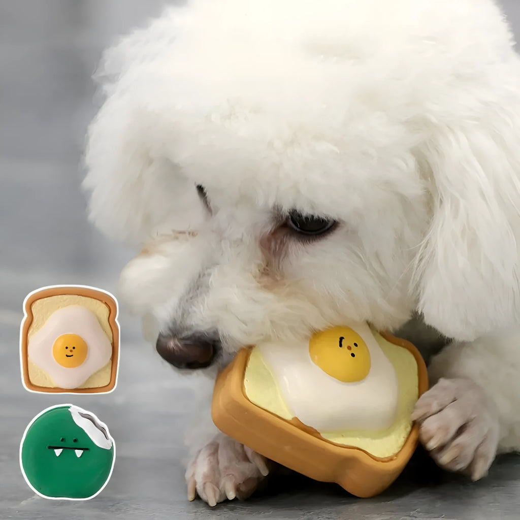 Yellow and green cartoon egg bread shaped latex dog squeaky chew toy.