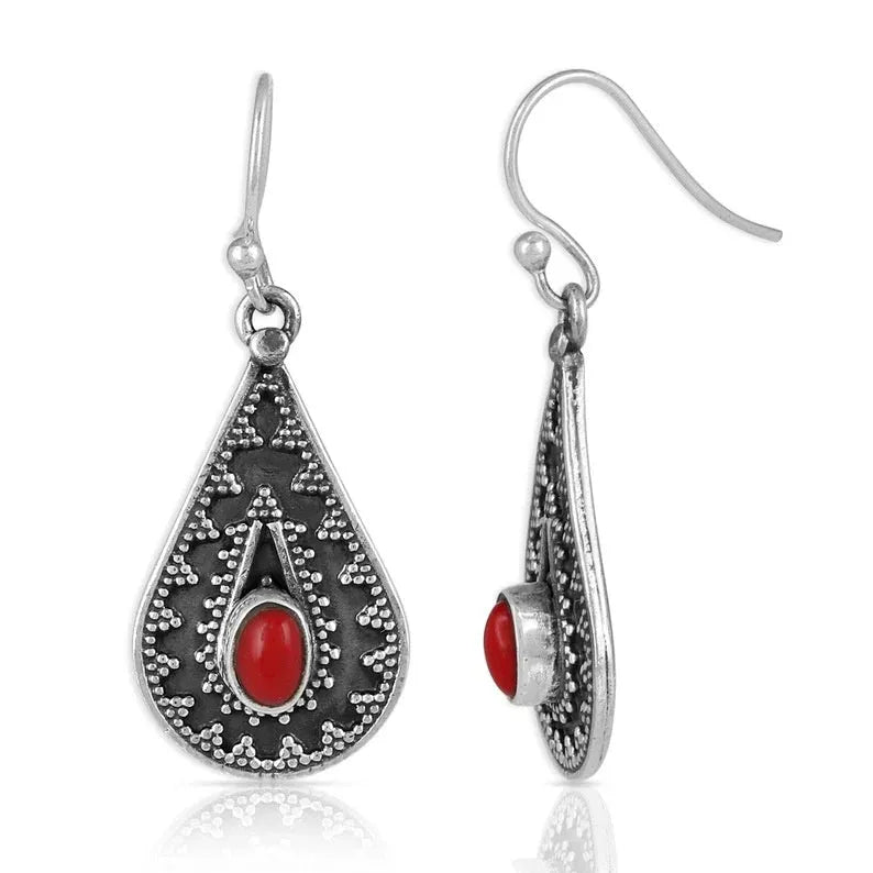 Silver drop earrings with red pine gemstone in water drop shape, vintage floral detailing