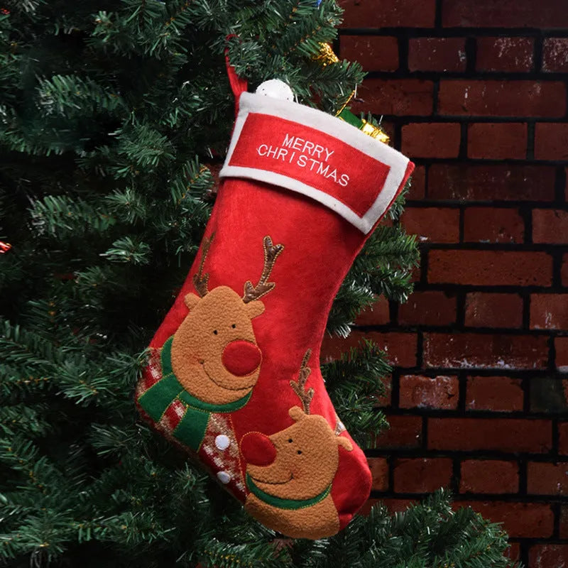 American folk art Christmas stocking with embroidered elk design in non-woven fabric