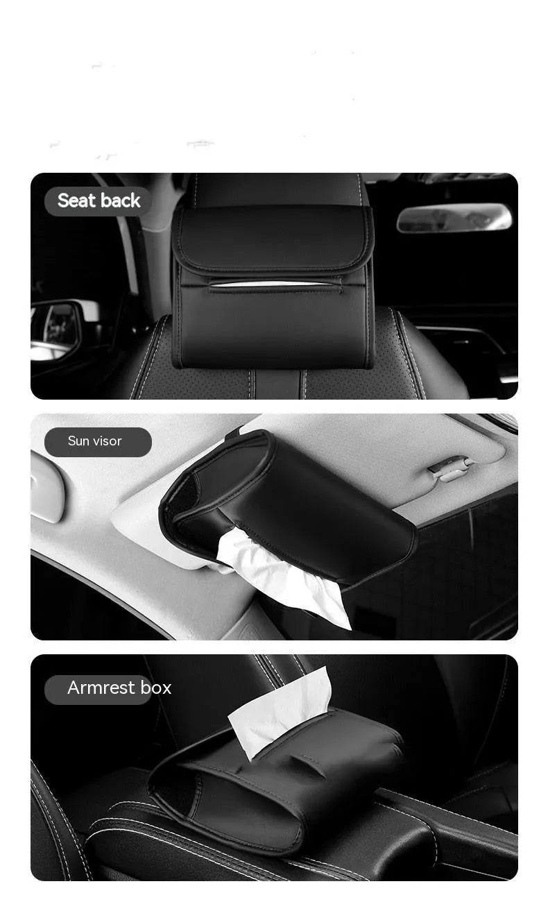 Leather car tissue box with elastic band mounting in five colour options