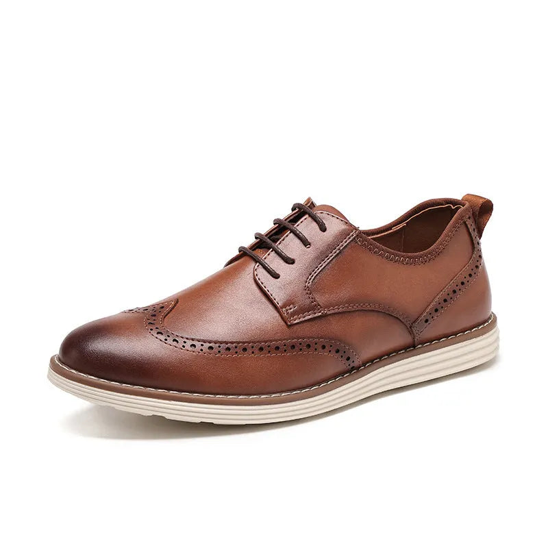 Men's black and brown slip-on casual shoes with a round toe and low-top PU upper.