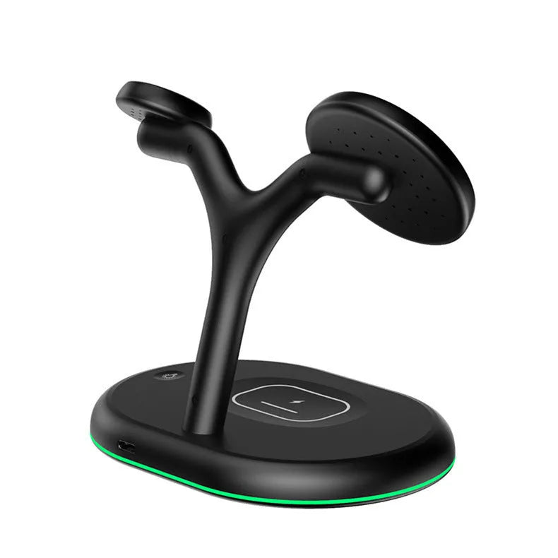 Black magnetic wireless charging stand holding a phone upright on a desk.