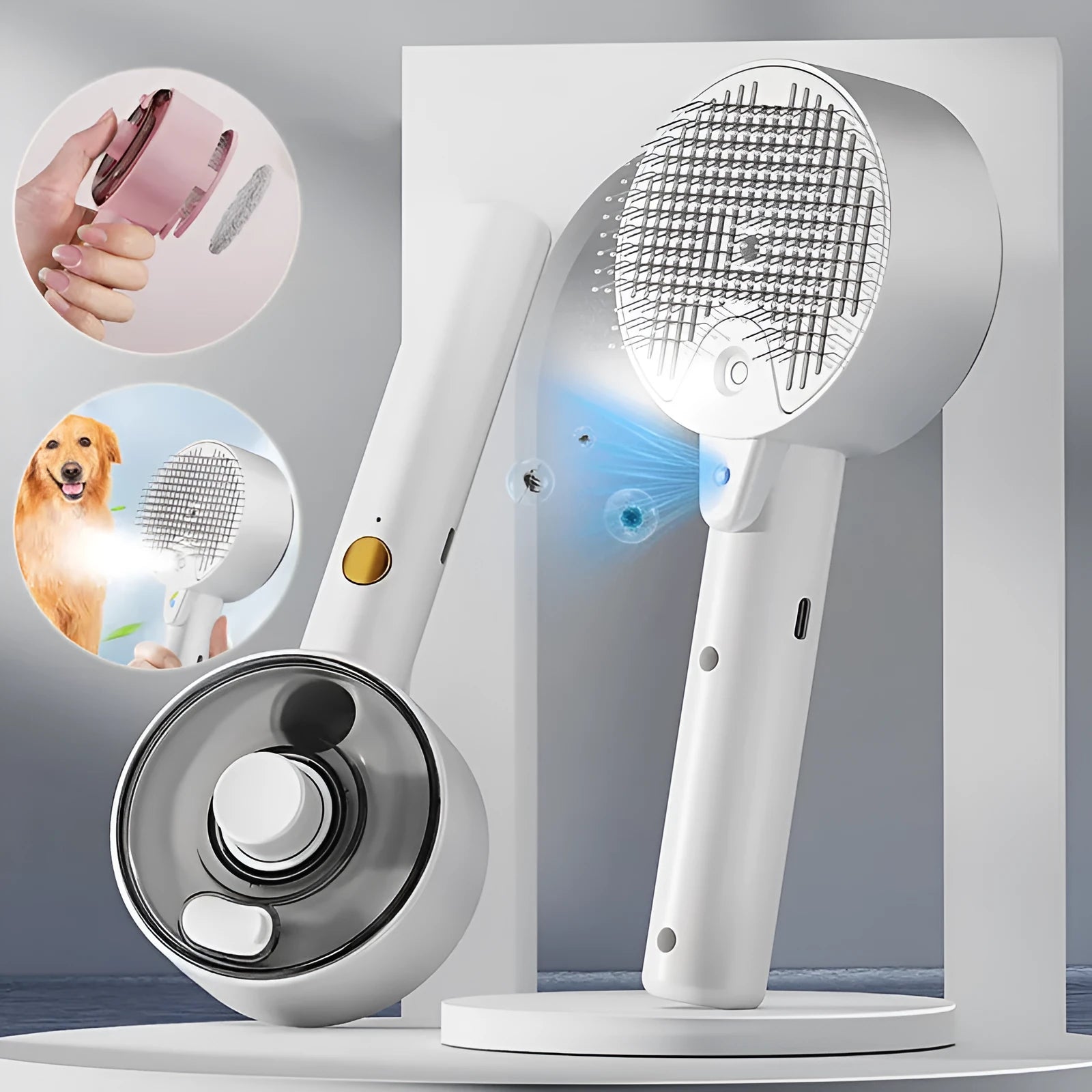 Ceramic white pet grooming comb with spray tank and blue UV light on for dog or cat hair removal.