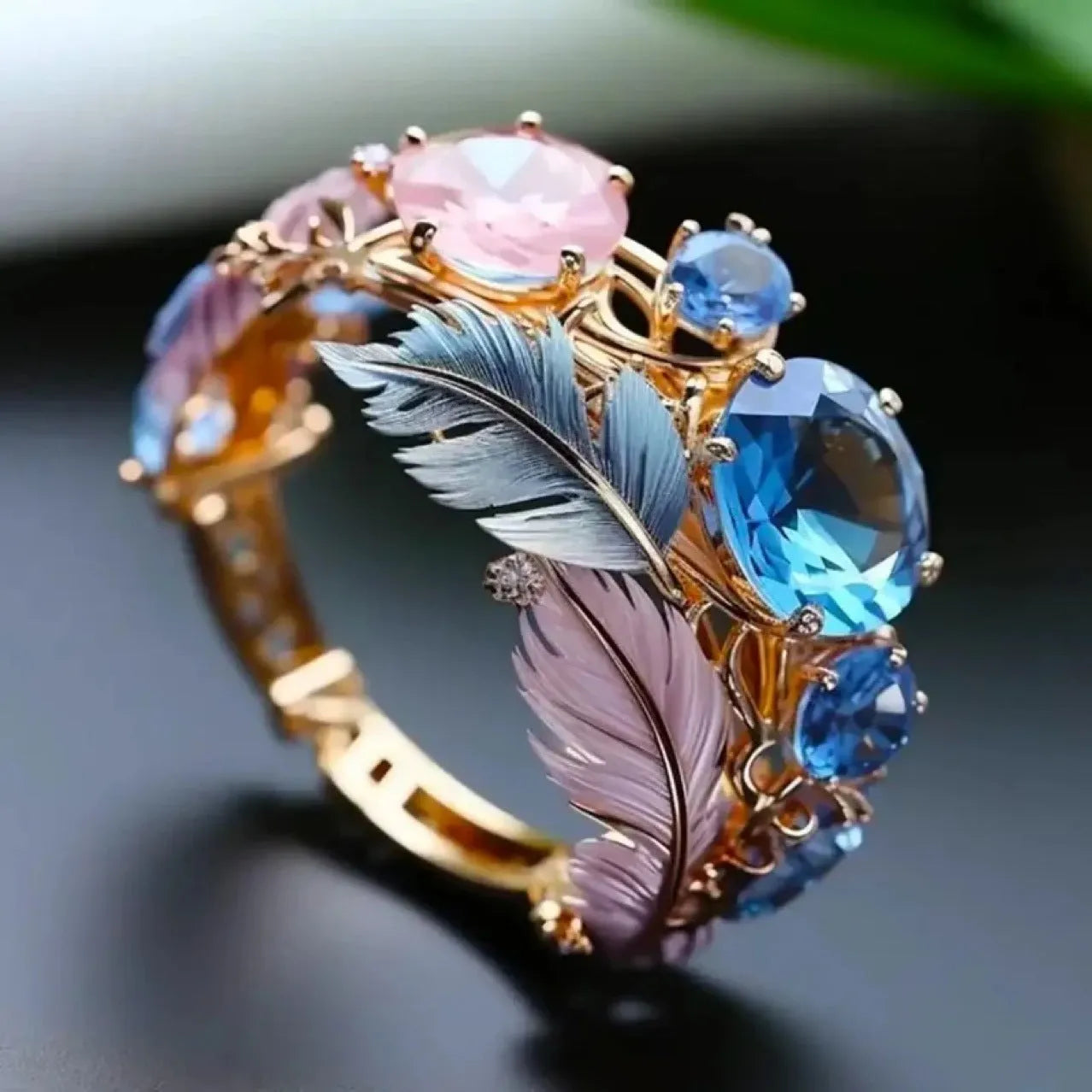 Geometric gold brass ring with embossed feather pattern and zircon inlay detailing
