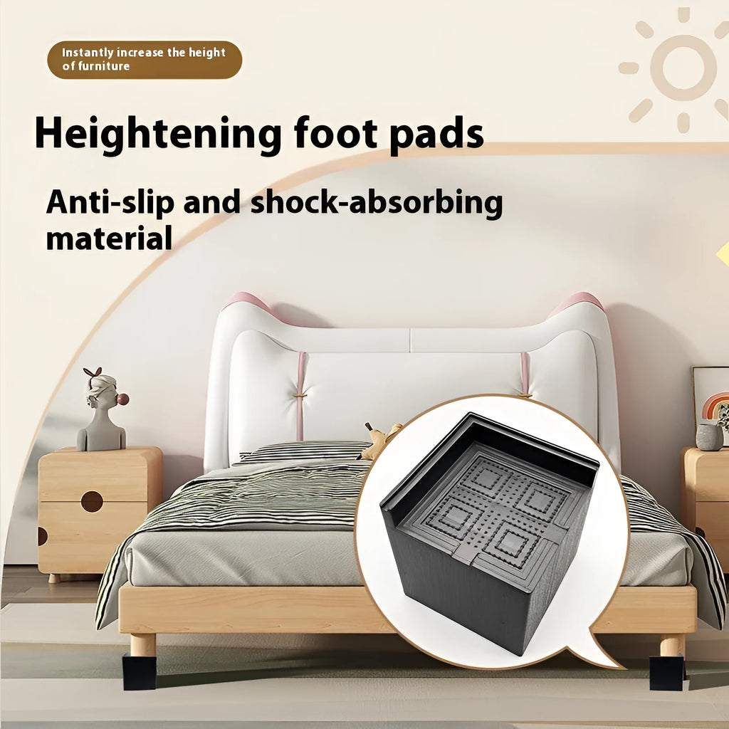 Four black plastic furniture foot mats for height adjustment and floor protection
