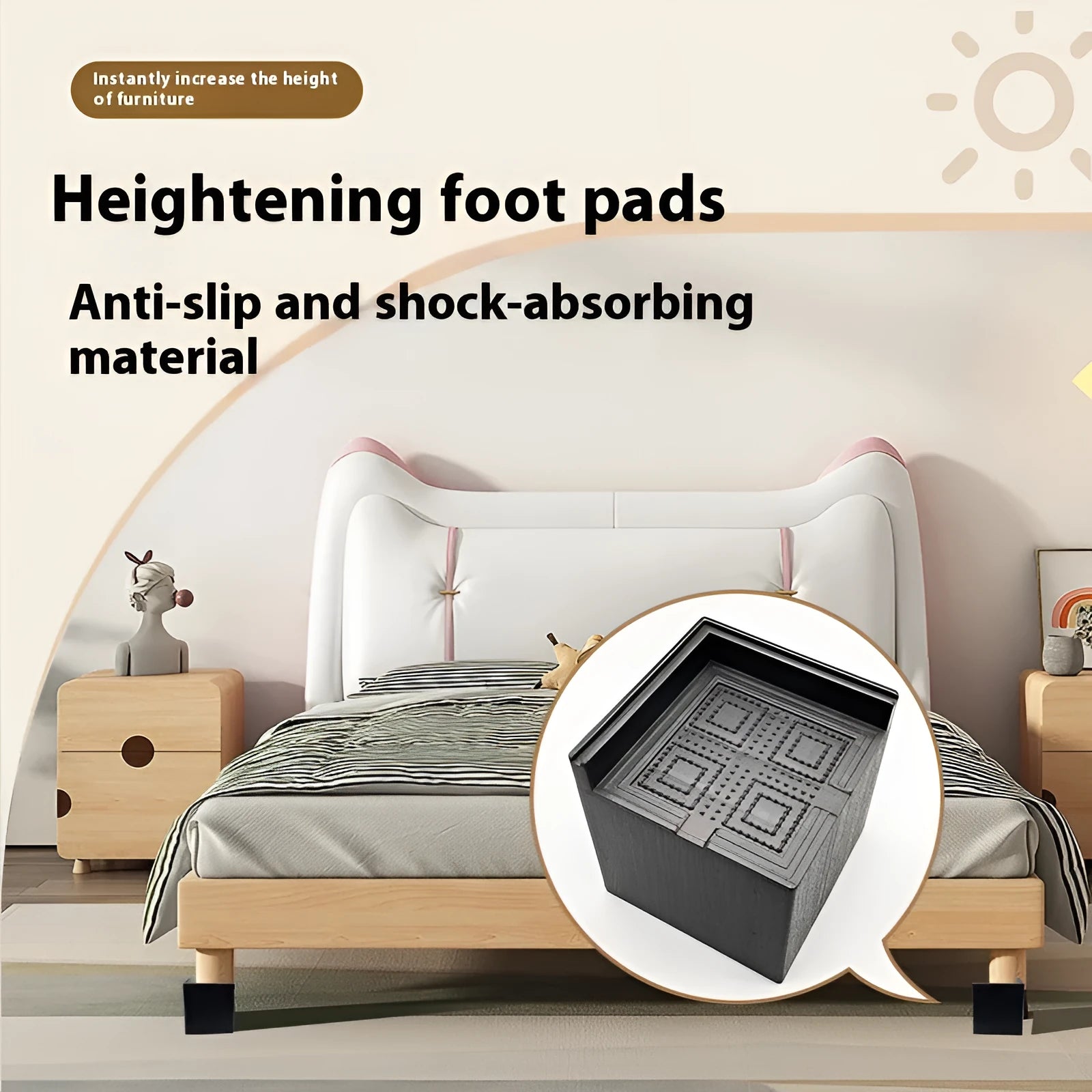 Four black plastic furniture foot mats for height adjustment and floor protection