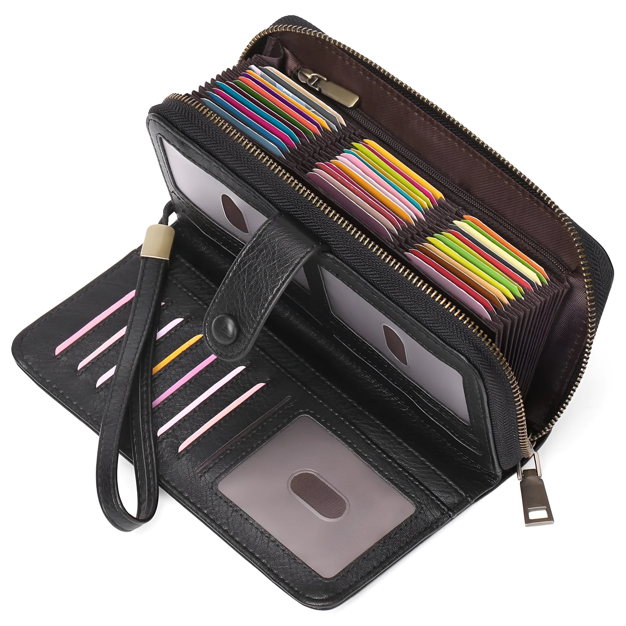Light brown expanding card holder wallet for women showing multiple card slots and anti-theft swiping feature.