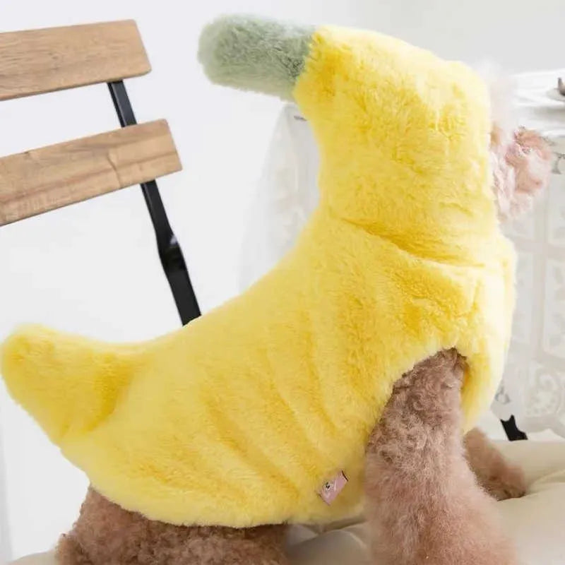 Yellow polyester funny banana dog costume for autumn winter, available in sizes S M L XL