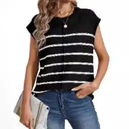 Women's striped sleeveless vest pullover top in acrylic knit with bone stitching.
