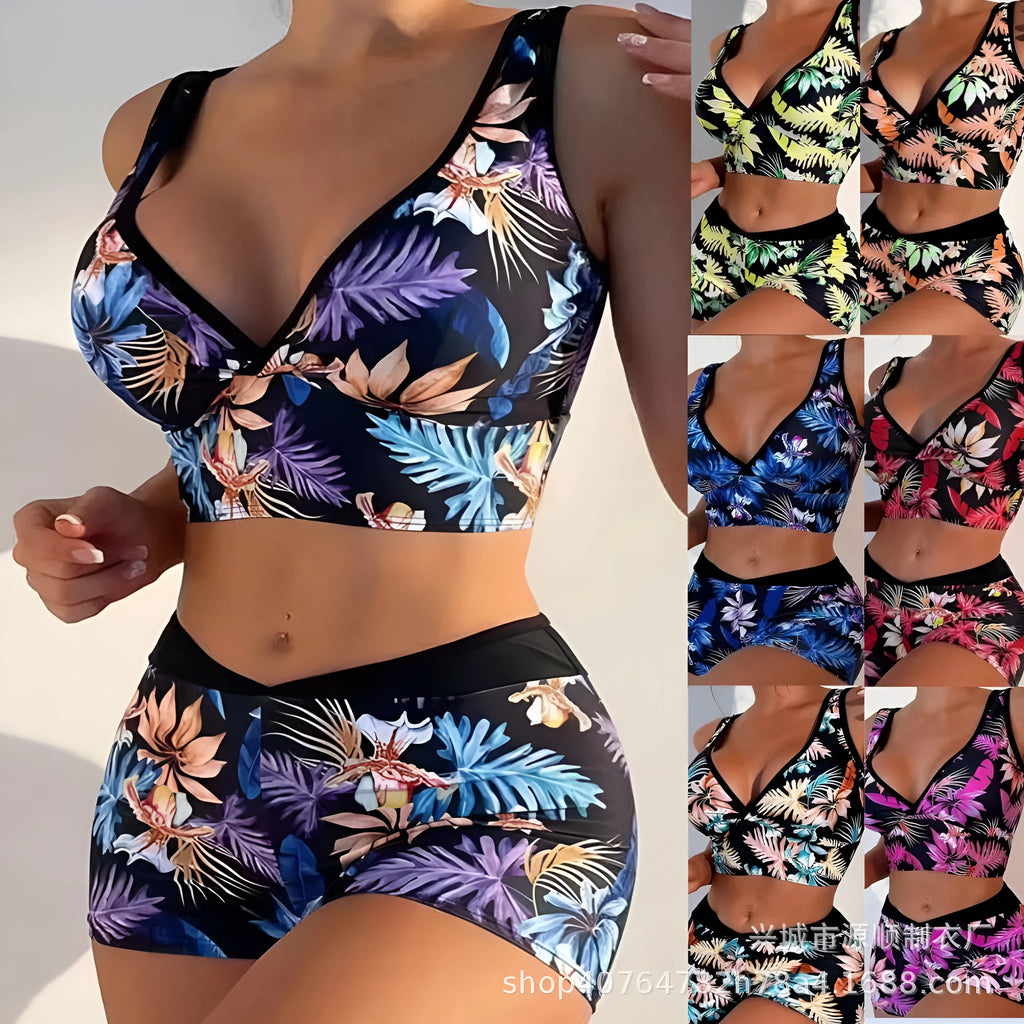 Women's two-piece swimsuit set with sleeveless top and printed boxer briefs in multiple colour options