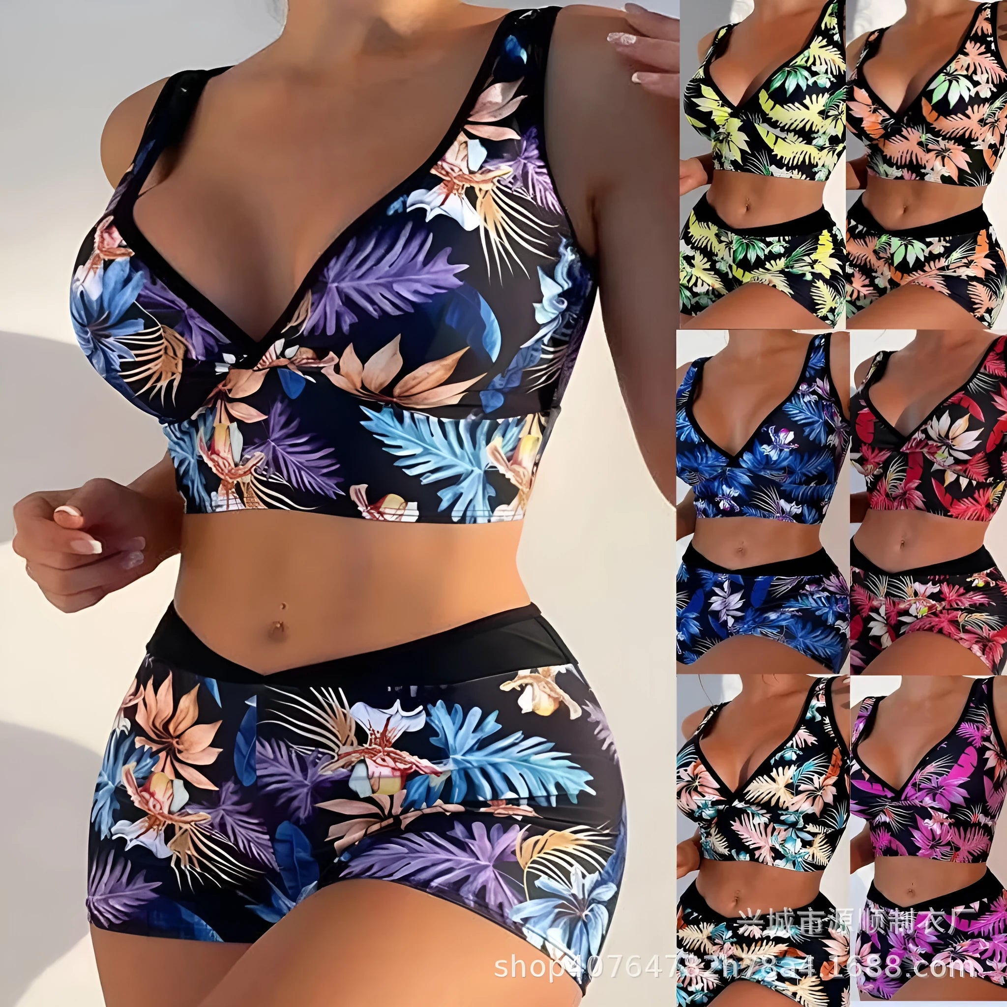 Women's two-piece swimsuit set with sleeveless top and printed boxer briefs in multiple colour options