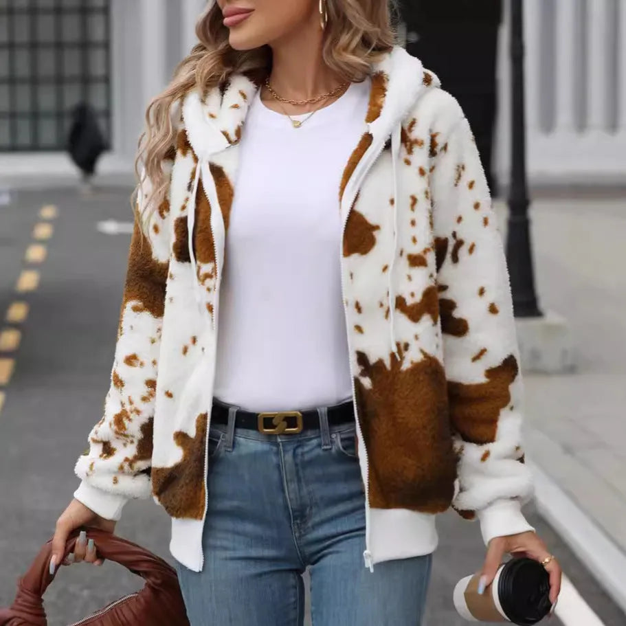 Yellow brown cow animal print hooded cardigan jacket with front zipper in Asian sizing