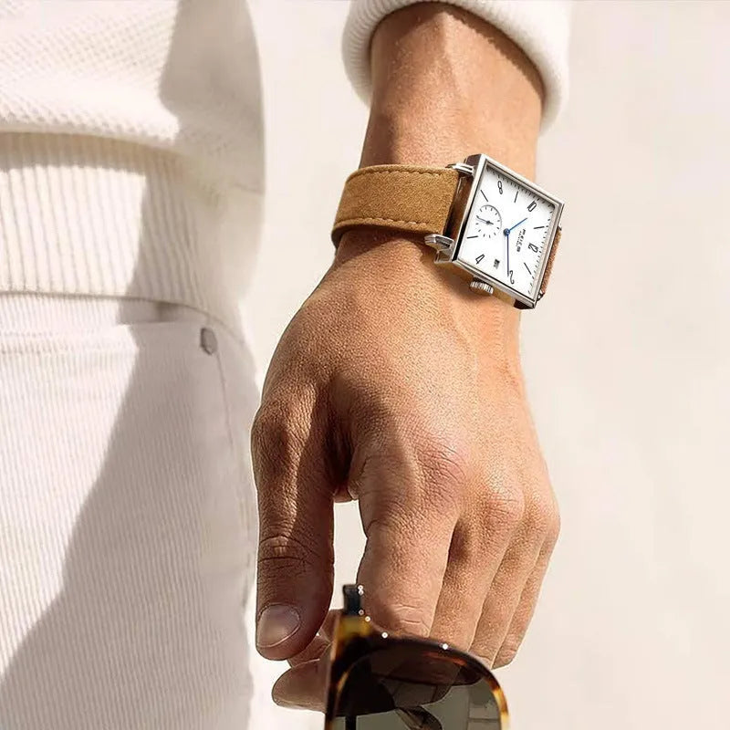 Square automatic mechanical watch with sapphire mirror, brown dial, hollow design showing gears