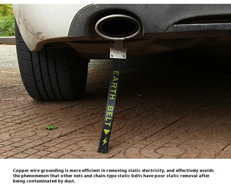 Black rubber car electrostatic grounding belt with metal clip and chain, 37cm long, for static discharge.