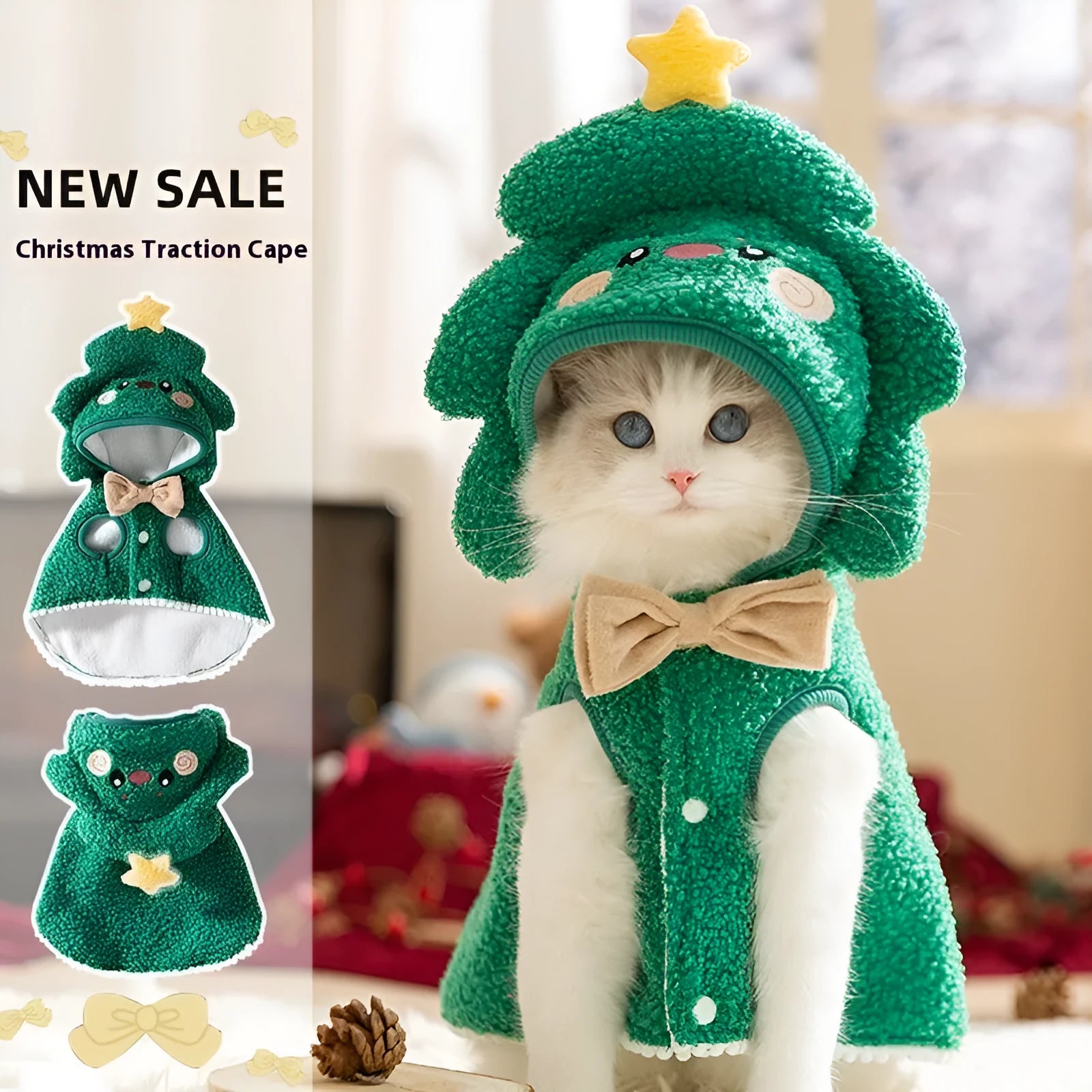 Christmas-themed elk design cat cloak in polyester for winter warmth with drawable fitting