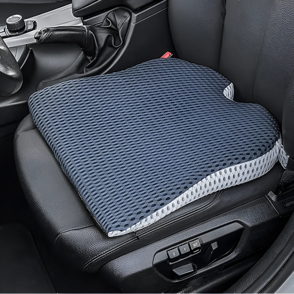 Regular size memory foam car cushion with a fixed strap in black, grey, or milky white.