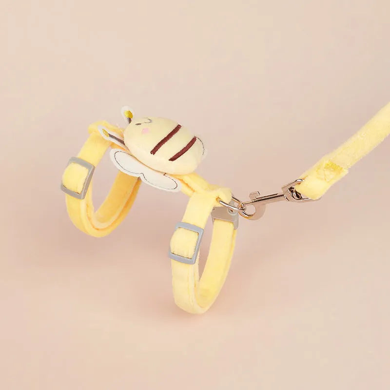 Pink adjustable cat lead with teddy bear and bee-shaped rope attachments for outdoor pet walking