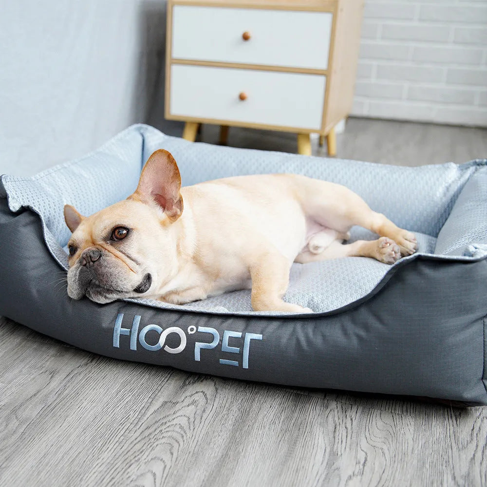 Soft grey pet bed with removable cover shown in small, medium, and large sizes for dogs and cats