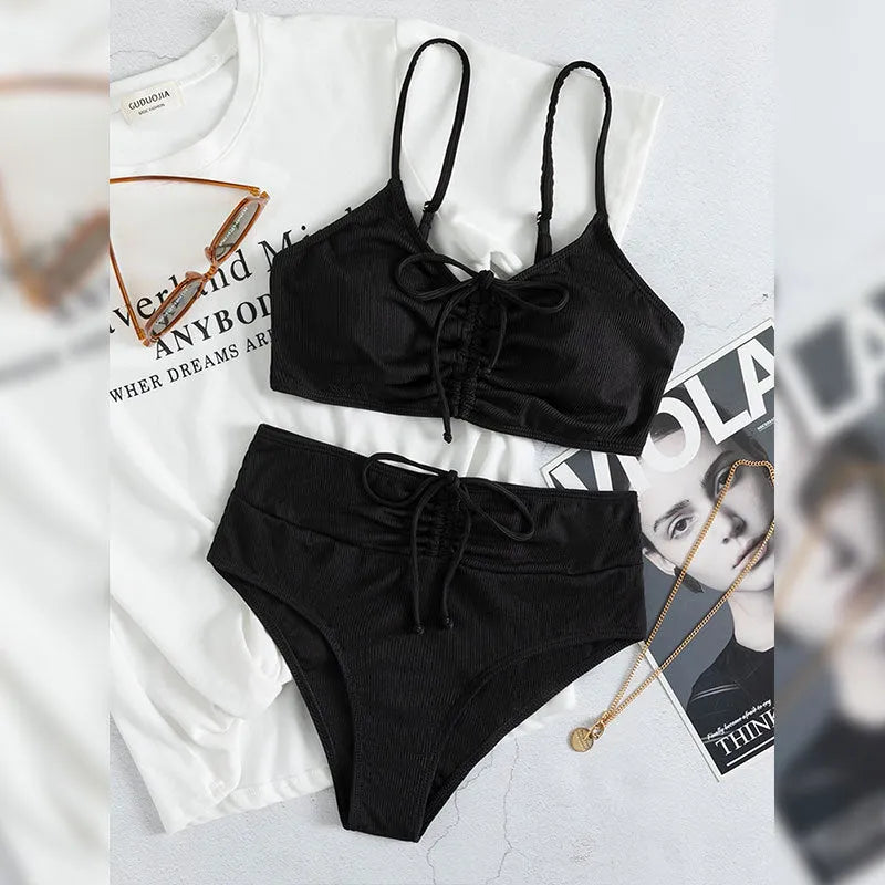 Black women's bikini swimsuit with sling split and high waist shorts