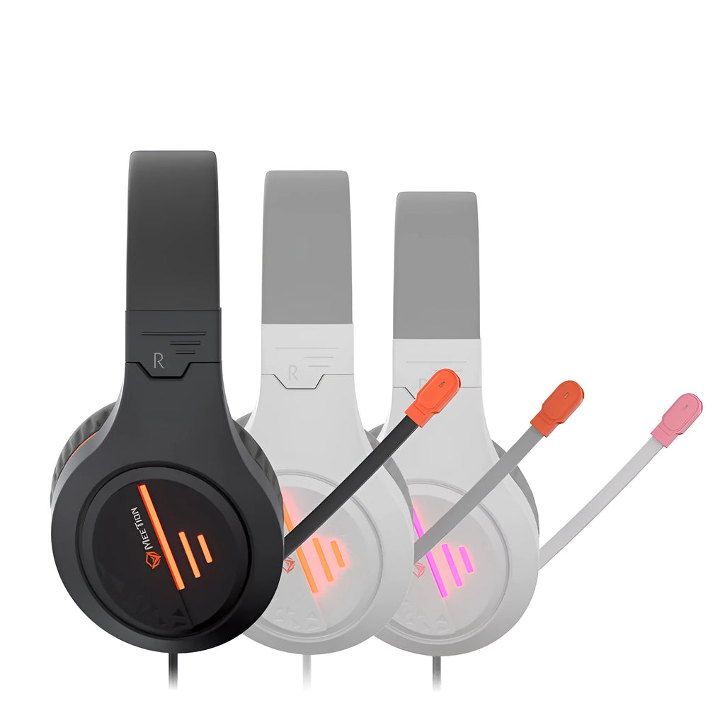Lightweight backlit gaming headset with adjustable headband and noise-cancelling microphone in black orange colour.