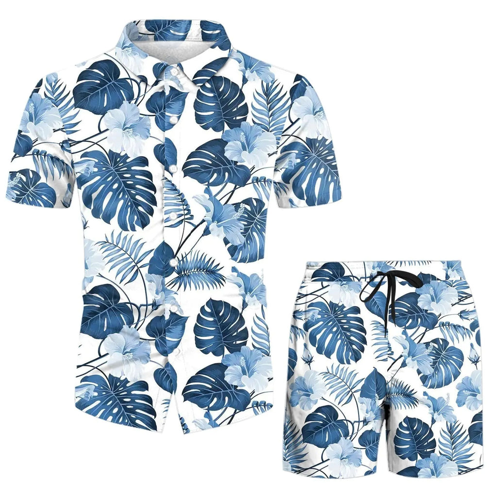 Man wearing a digitally printed short sleeve casual shirt with matching trousers from a suit set.
