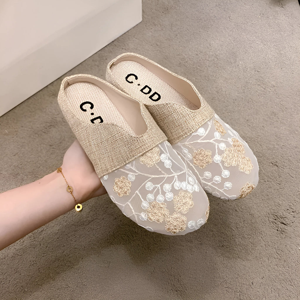 Gold low heel flat slip-on sandals with mesh upper and hollow toe box
