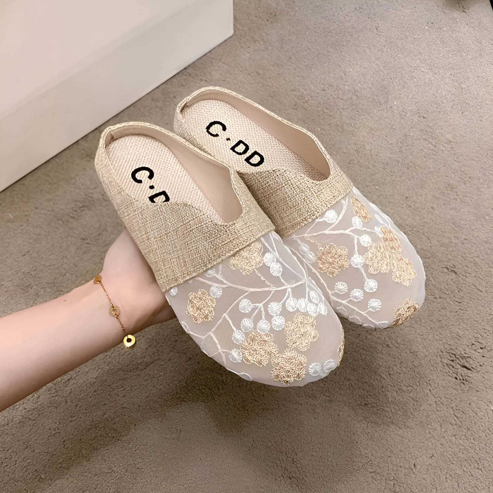 Gold low heel flat slip-on sandals with mesh upper and hollow toe box