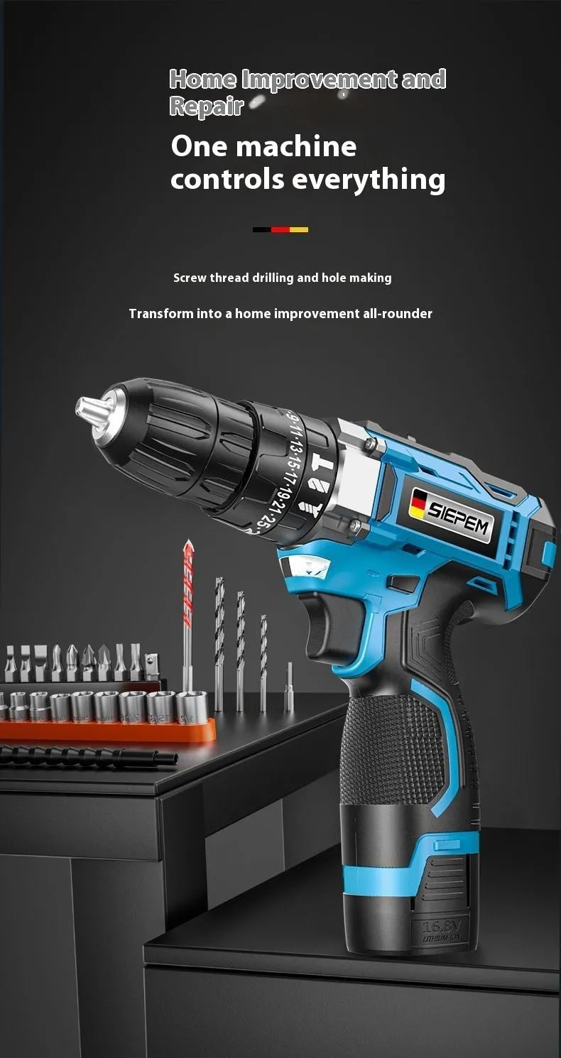 12V cordless impact pistol drill with dual-speed selector and included plastic storage box full of accessories.