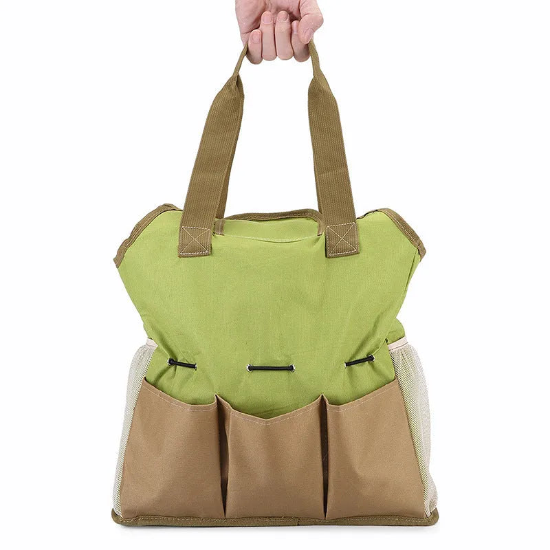 Light green 600D Oxford cloth garden tool storage bag holding secateurs and trowel