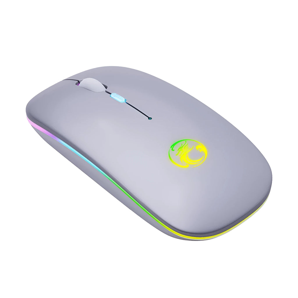 Black or white dual-mode wireless silent mouse with scroll wheel, shown with USB charging cable.