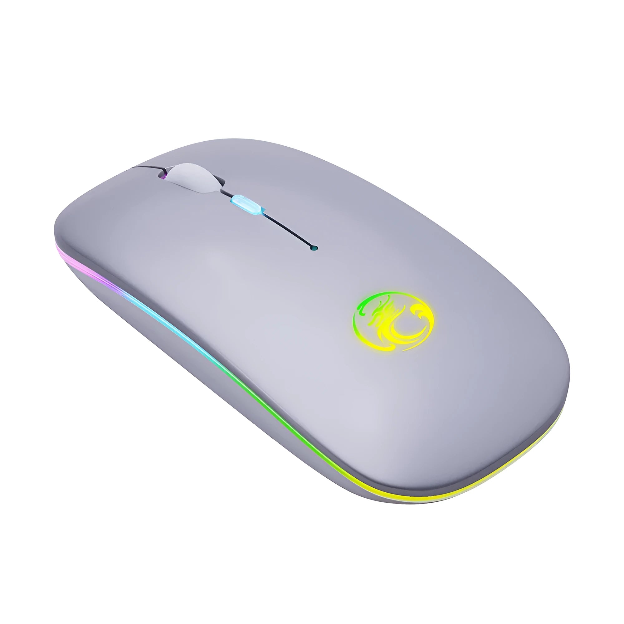 Black or white dual-mode wireless silent mouse with scroll wheel, shown with USB charging cable.