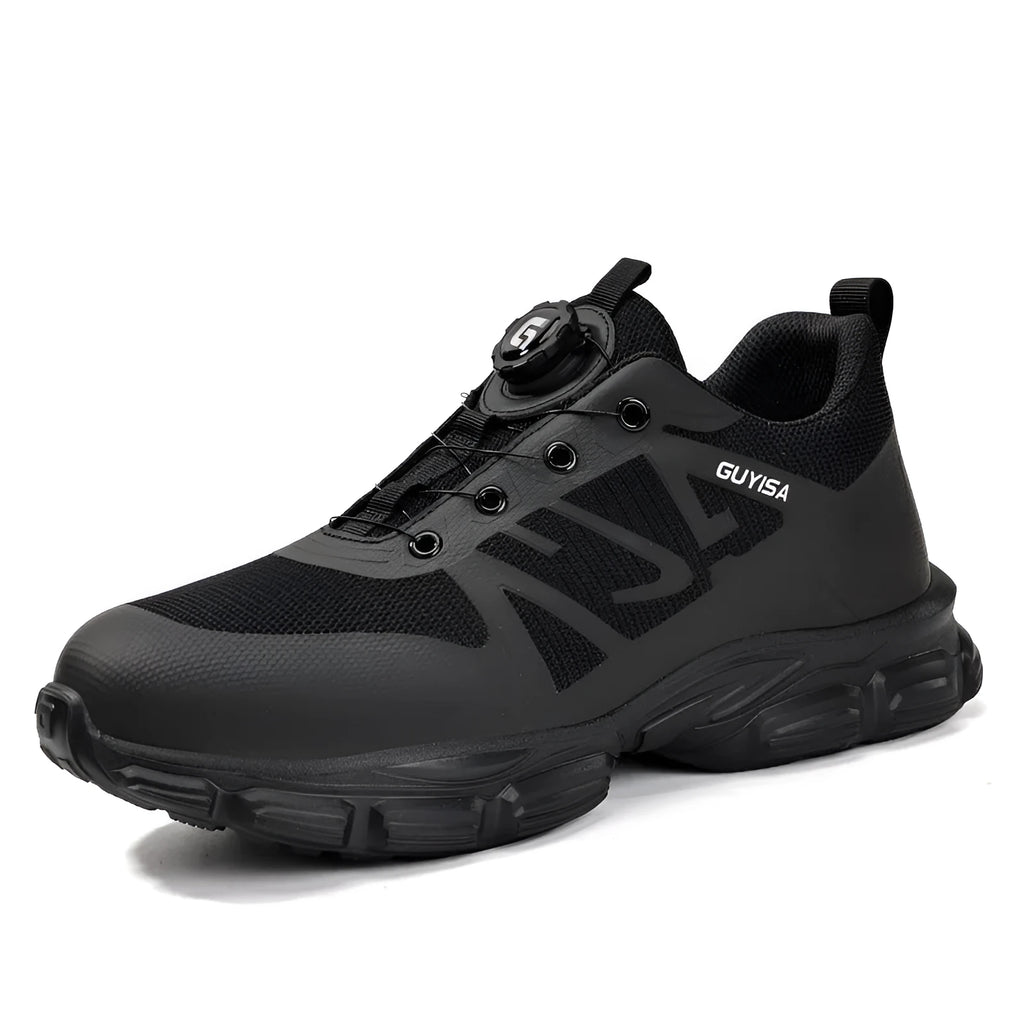 Black lightweight safety shoes with Flyknit upper and steel toe cap on a work site background.