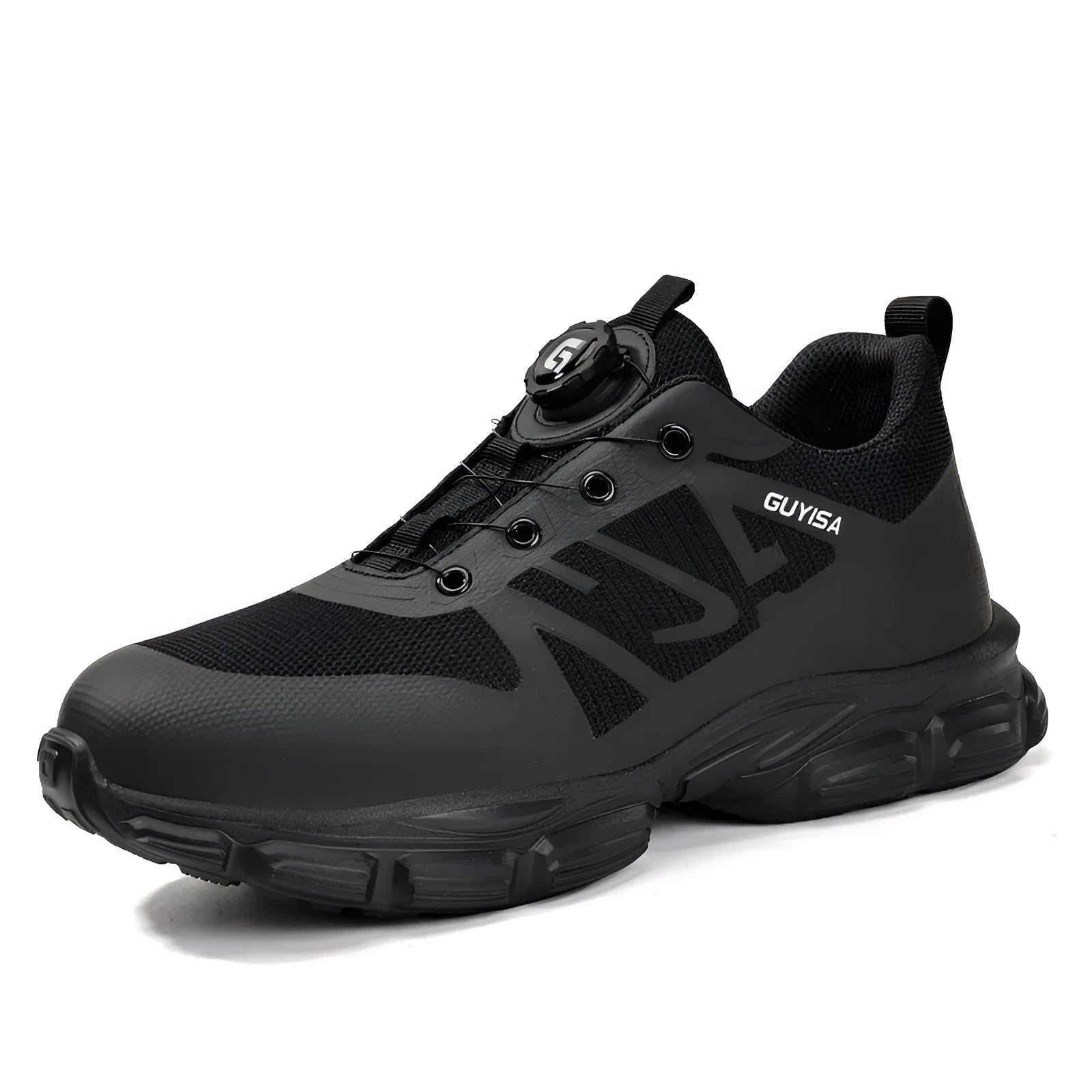 Black lightweight safety shoes with Flyknit upper and steel toe cap on a work site background.