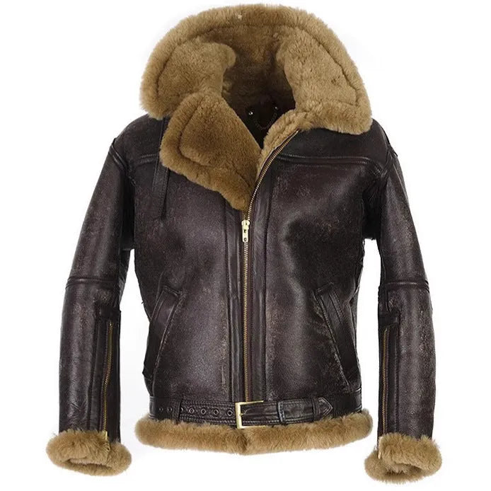 Men's brown retro western-style synthetic leather winter coat with side pockets on a mannequin.