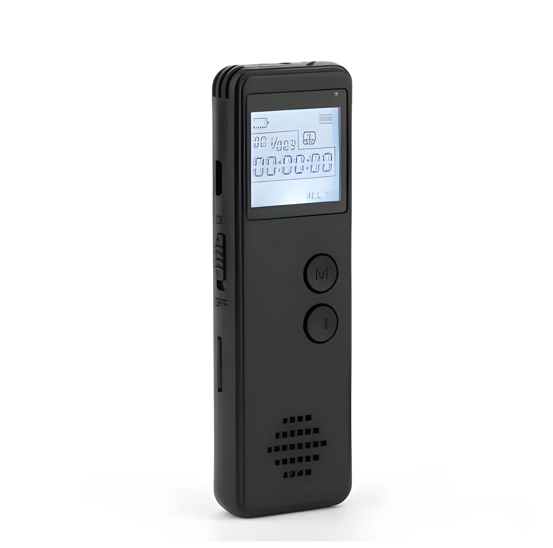 Black matte-finish digital voice recorder with screen, shown next to a memory card and USB cable.