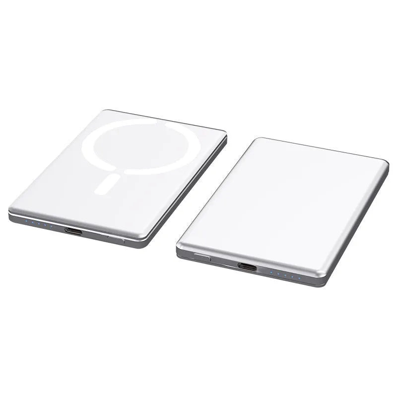 Ultra-thin magnetic power bank with alloy casing in black, grey, silver, or violet