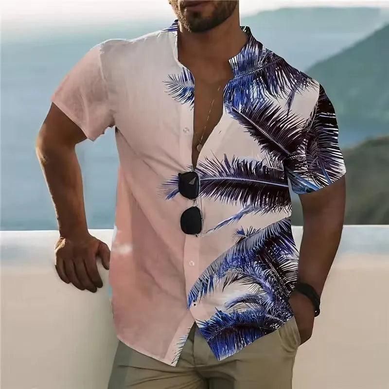 Man wearing a loose-fit short sleeve floral print shirt in a cardigan style