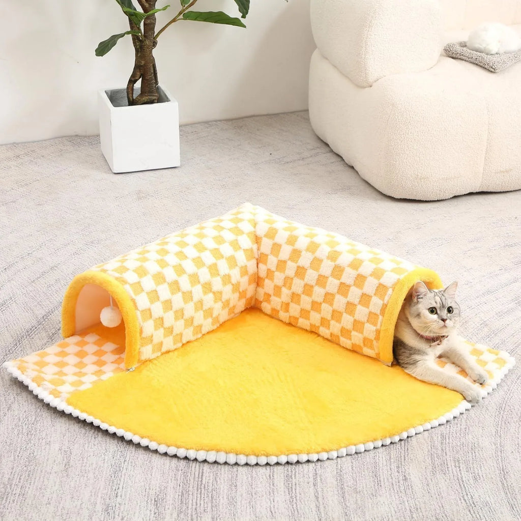 XL fan-shaped plush pet bed tunnel with a plaid pattern, shown in coffee colour.