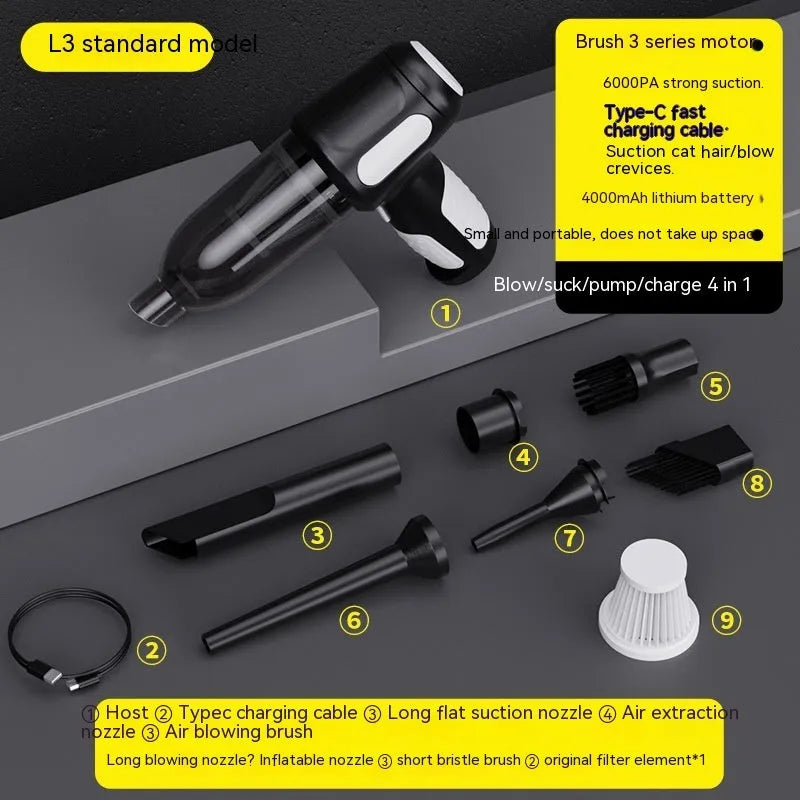 Handheld car vacuum cleaner with nozzle attachments in black, white, or grey colours