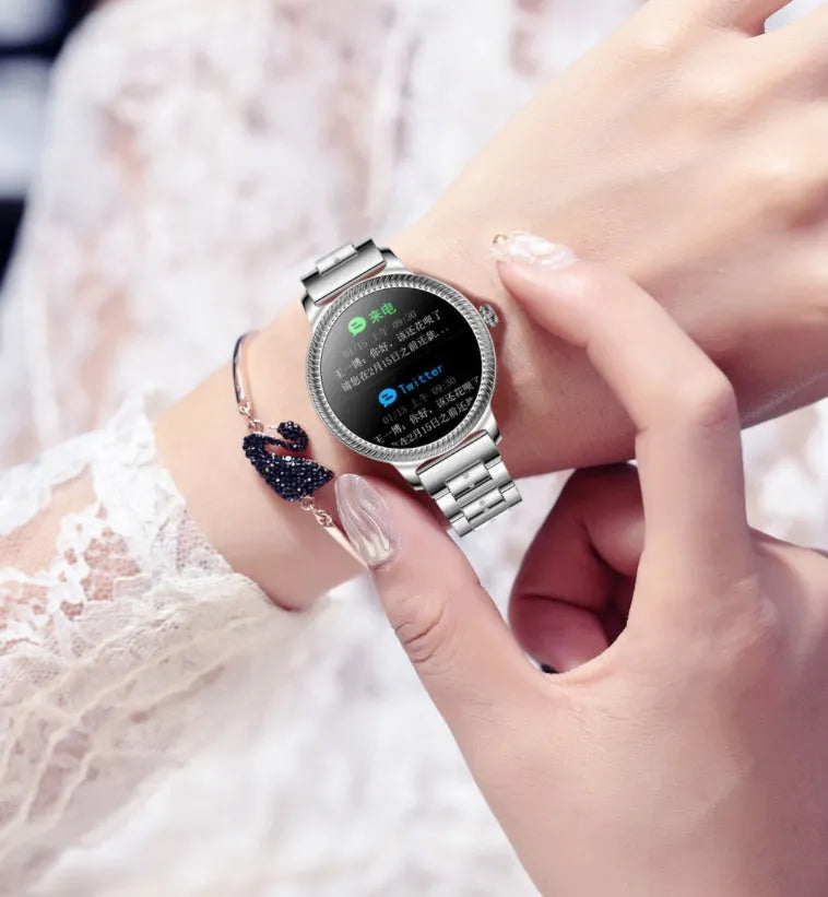 AK38 ladies smartwatch with stainless steel band and 1.09 inch colour screen.