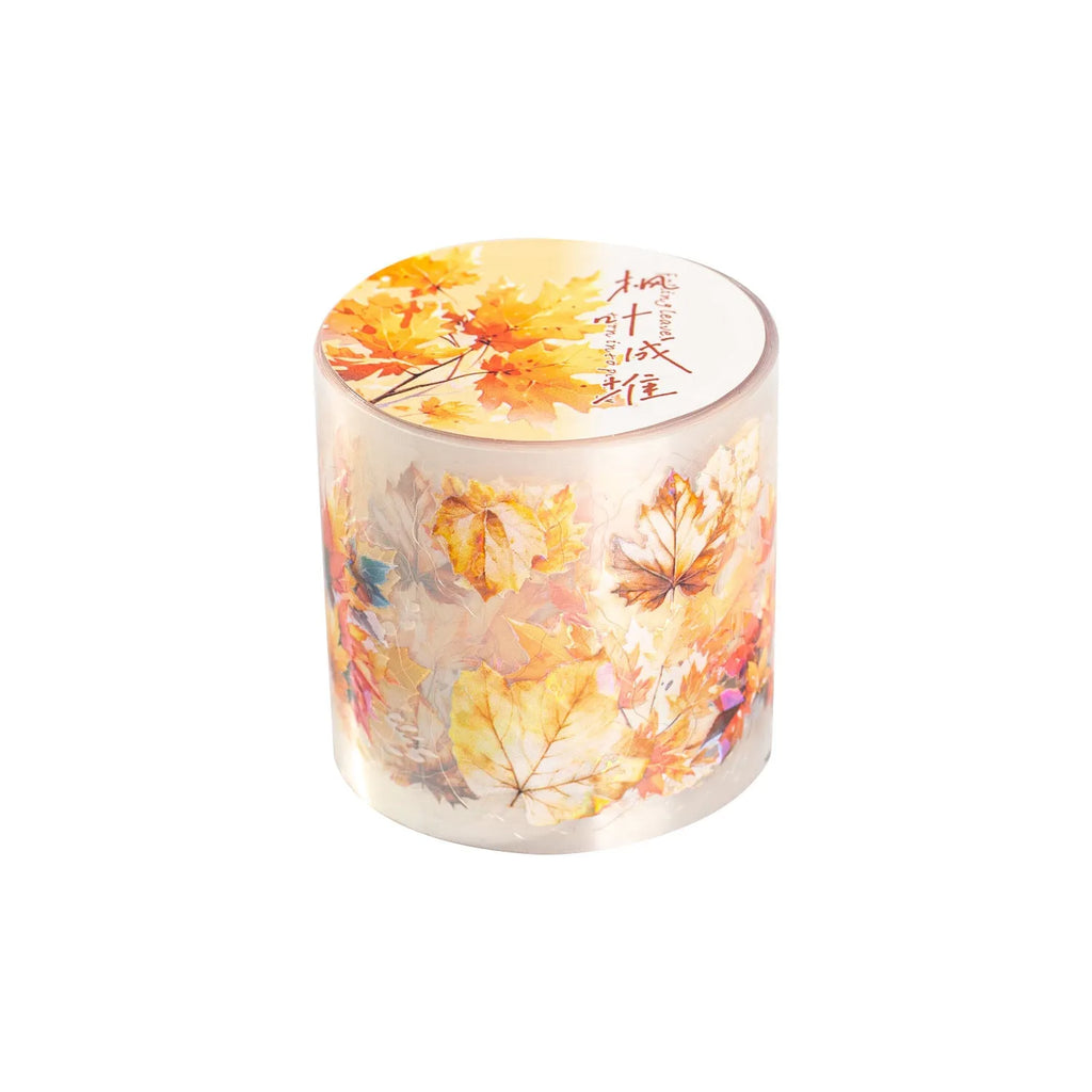 Roll of Deciduous Poetry Series decorative stickers showing six leaf designs including ginkgo and maple, 40mm wide.