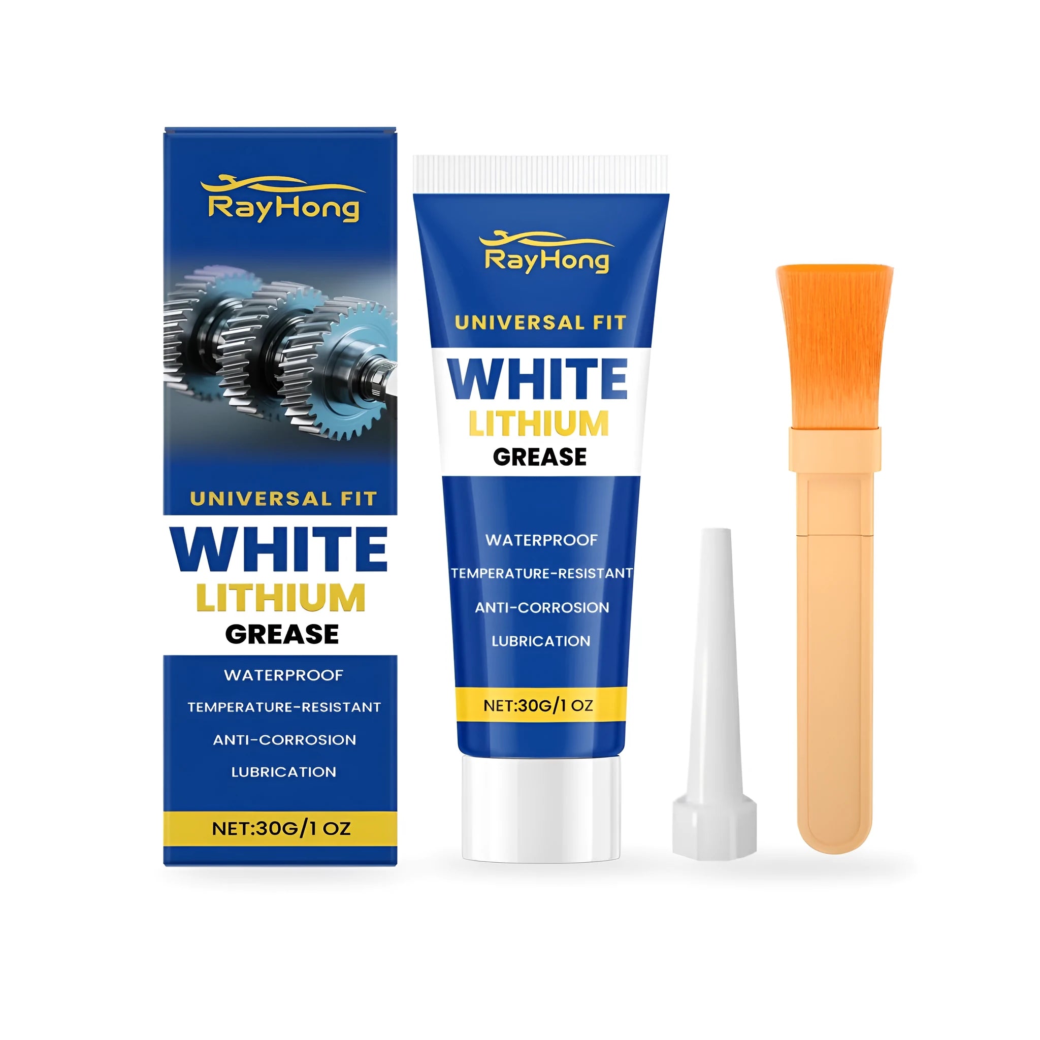 30g tube of white lithium grease with a separate brush and plastic nozzle applicator tip on a workbench.