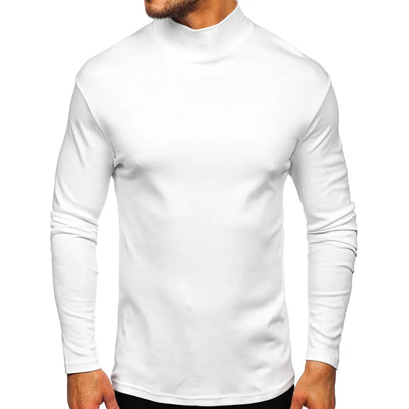 Men's autumn winter Dralon polyester high-neck long-sleeve pullover in solid colour, slim fit, US sizes S-2XL