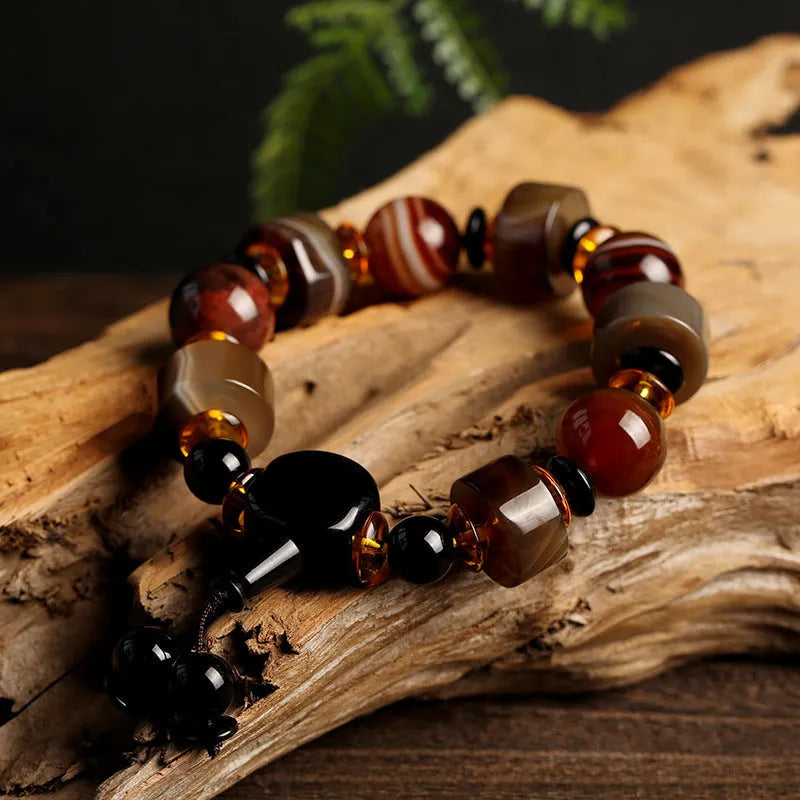 Natural agate bracelet with sardonyx, white, red, and black agate beads in geometric ethnic design