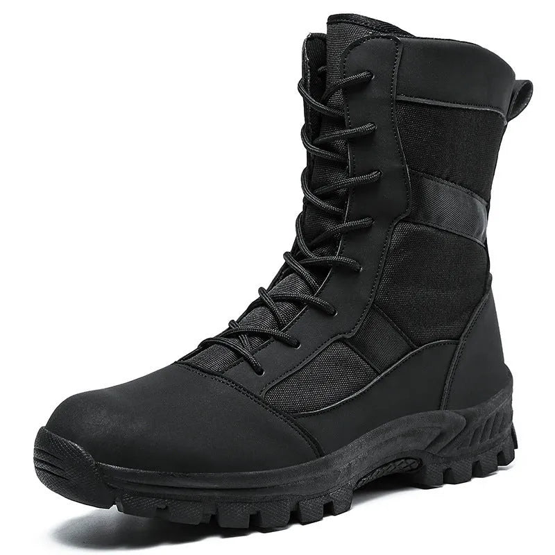 Men's black and camouflage plus size high-top mesh combat boots with totem detail.