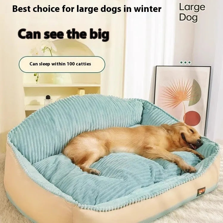Morandi coloured washable pet bed mat with kennel structure for dogs and cats on a sofa.