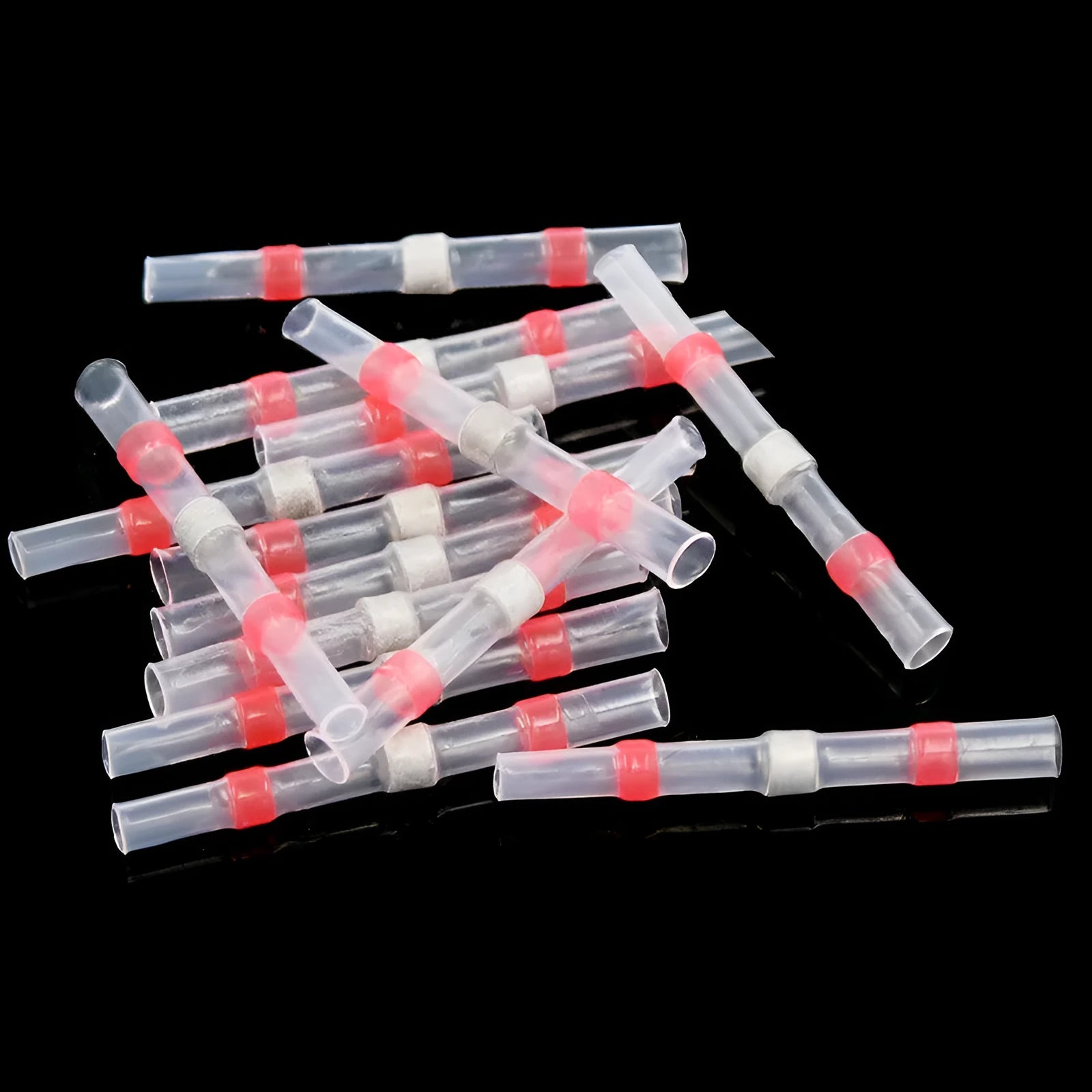Red transparent heat shrink solder ring butt joint connector on white background, 20 pack for wire diameters 0.5-1.5mm²