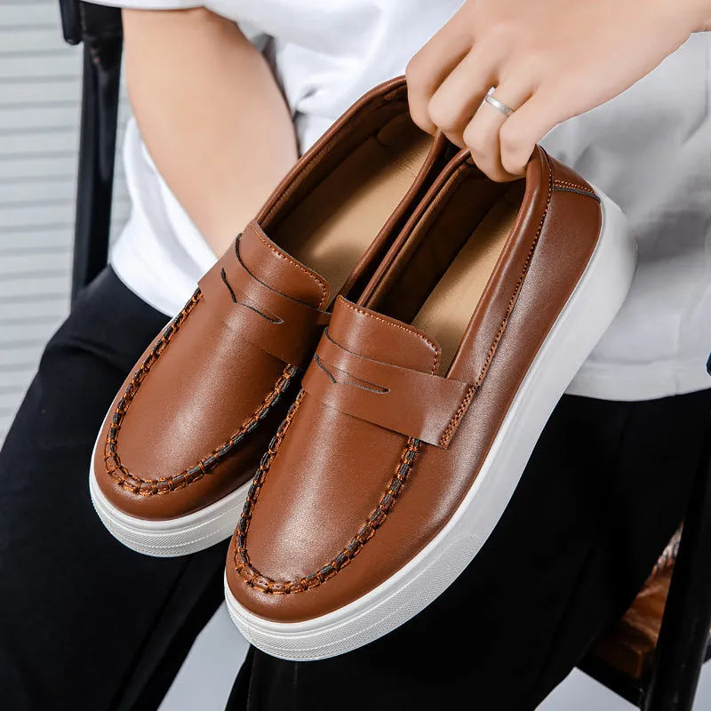 Men's round toe casual shoes in white, black and white, and khaki colours, showing the PU leather upper and oversleeve design.